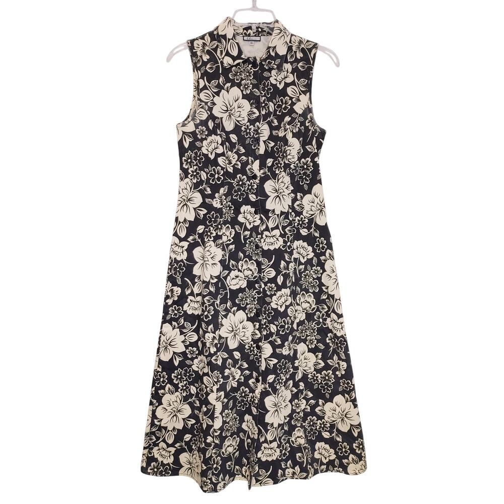 Believe A Line Midi Dress Collared Black Cream Floral Sleeveless Womens Size 10